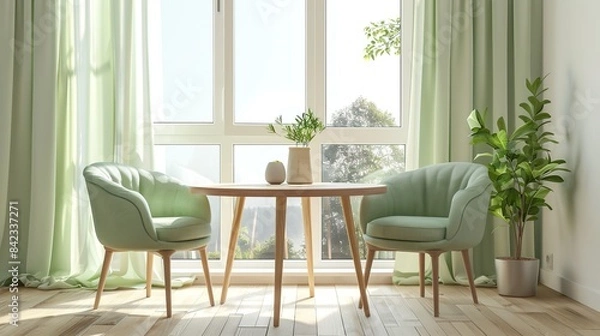 Fototapeta Two mint color chairs at round wooden dining table against window dressed with light green and white curtains. Scandinavian interior design of modern dining room. copy space.