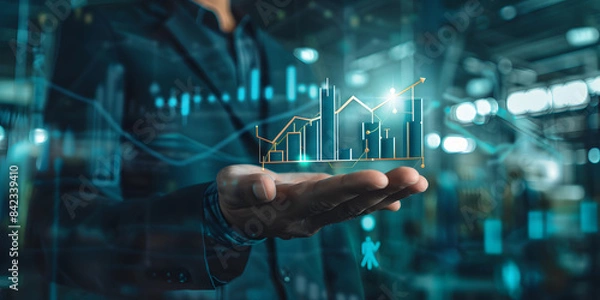 Obraz Process to increase productivity concept. Businessman holding productivity icon with growth graph for industrial management in efficiency and efficient process. Lean cost and productive growth design