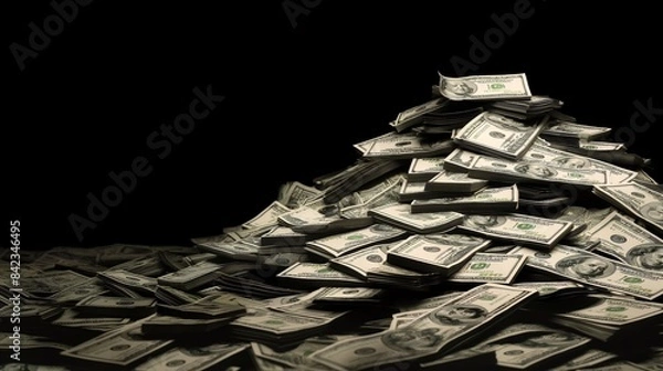 Fototapeta A large, dark image showing a heap of hundred-dollar bills creating an impression of abundance