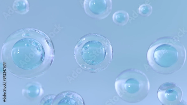 Fototapeta 3D rendering Cosmetics Serum bubbles on defocus background. Collagen bubbles Design. Moisturizing Cream and Serum Concept. Vitamin for personal care and beauty concept.