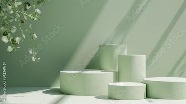 Fototapeta Five Minimalist Green Toned Round Podiums for Product Presentation on Empty Background. Ideal for E-commerce and Advertising Displays, Showcasing Minimalist Style and Elegance