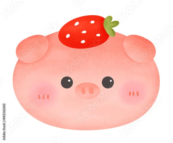 Fototapeta The pink pig has a strawberry on its head.