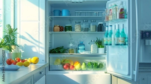 Fototapeta A pristine white refrigerator filled with neatly arranged food items, Generative AI