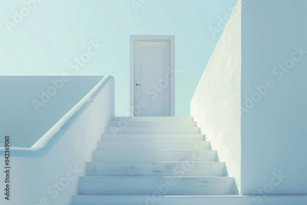 Fototapeta Plain door at the top of a simple, minimalist staircase. The steps are clean lines, and the background is a solid color, emphasizing the ascent to the door