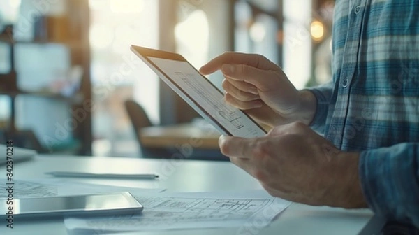 Obraz Close-up of male hands holding a digital tablet with architectural plans on the screen