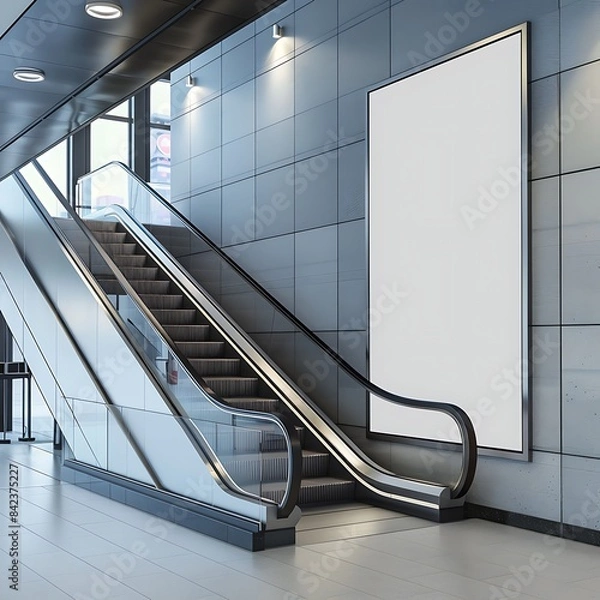 Fototapeta Modern subway station escalator wall with a sleek large vertical blank ad poster.