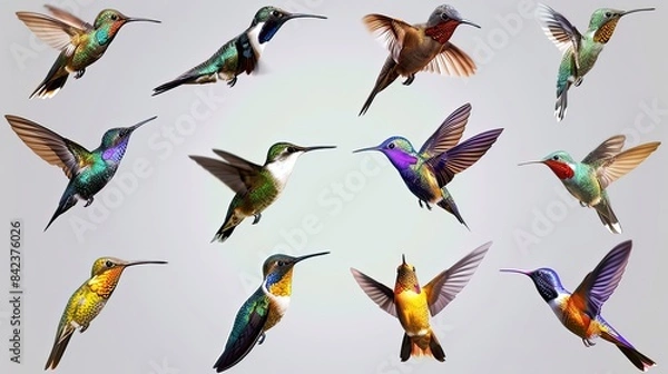 Fototapeta beautiful collection set of diffrent hummingbird birds in flight