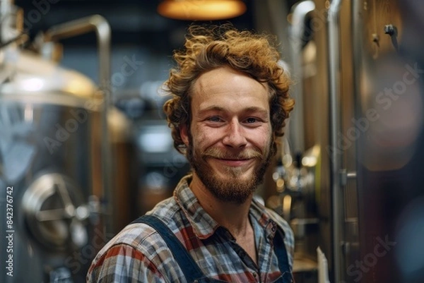 Obraz Portrait of a smiling young male brewer in a brewery.