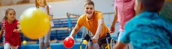 Fototapeta Disabled Child Joyfully Participating in Dodgeball Game with Friends in Gymnasium