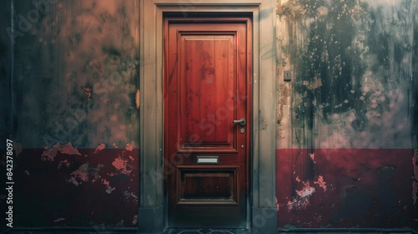 Fototapeta A closed door with the sounds of screams coming from behind it, suggesting conflict and tension inside.