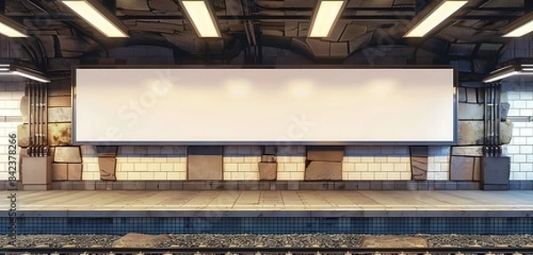 Fototapeta Subway platform adorned with a long horizontal billboard and modern stone tile accents.