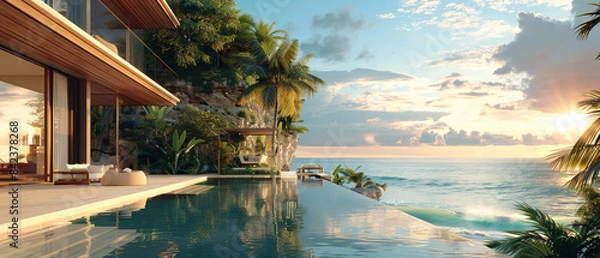 Fototapeta Bright tropical residence with a panoramic balcony and ocean views, octane , ,