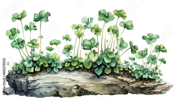 Fototapeta Illustration of lush green foliage growing on a fallen, moss-covered log, showcasing natural beauty and growth in a forest setting.