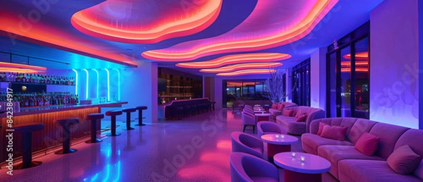 Fototapeta Contemporary lounge with neon ceiling features and upscale seating