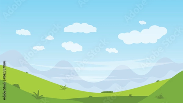 Fototapeta landscape carton scene background. green field with mountain and white cloud blue sky