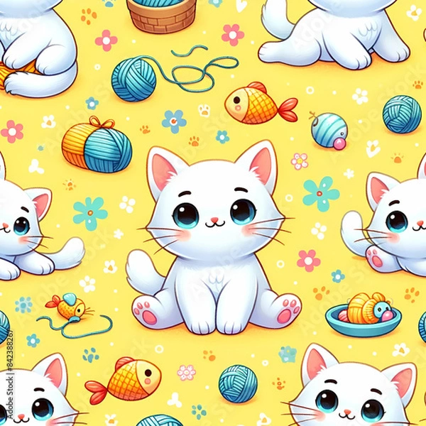 Obraz seamless pattern with cats and fish generative AI