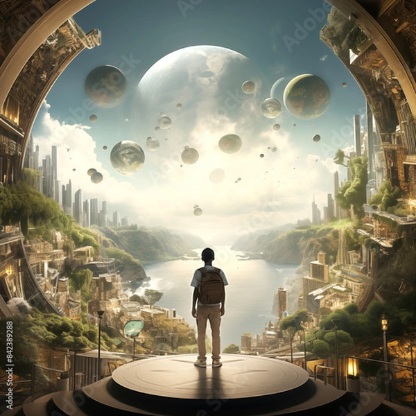 Fototapeta man in a fantasy world of the future