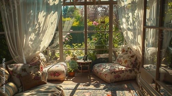 Fototapeta A sunroom with a garden view, featuring a cozy seating area, floral cushions, and sunlight filtering through sheer curtains
