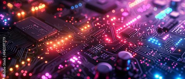 Fototapeta Hightech digital circuit board closeup with vibrant lights