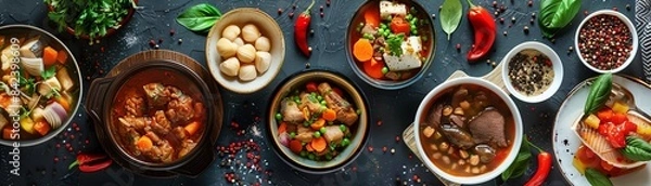 Fototapeta Top view collage of Icelandic dishes, including lamb soup, skyr, and fish stew, with a hearty and fresh display