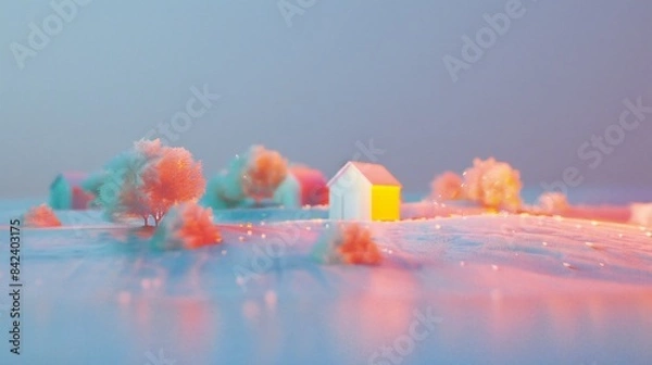Fototapeta Minimalist 3D landscape of a rolling countryside with brightly colored barns and fields.