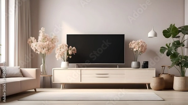 Fototapeta living room interior mockup. TV cabinet or place item in contemporary living room with table, light, flower, and plant. Generative AI.