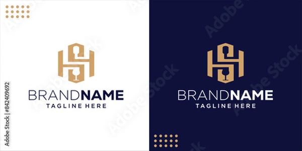 Obraz Creative logo of glass and wine bottle and Letter SH for restaurant and wine shop, Design Inspiration, Illustration, Vector