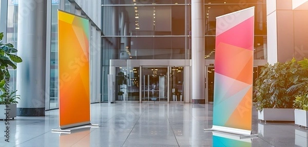 Fototapeta Two blank banners at conference hall entry, medium rectangular.