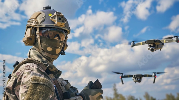 Fototapeta A soldier in camouflage gear, wearing a helmet and a face mask, looks intently at a drone flying overhead. The scene suggests military operations or training, captured in a cold winter setting