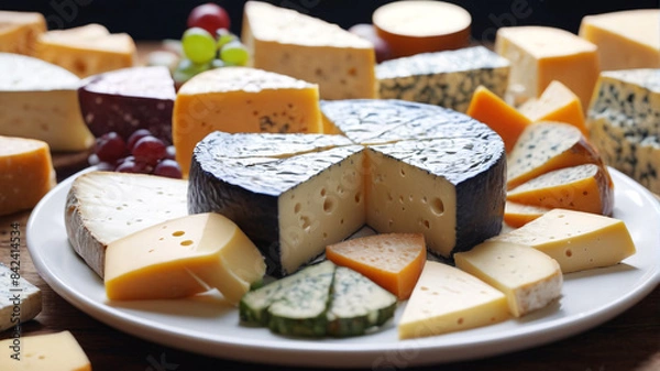 Fototapeta Fromage Extravaganza: Delving into a Plate of Diverse Cheeses for an Opulent Tasting Affair, Generative AI
