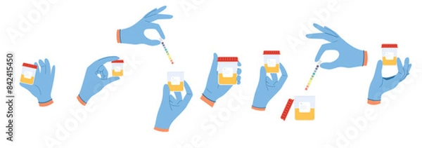 Obraz Set of illustrations with urine analysis. Doctor hands in blue gloves hold containers with pee sample