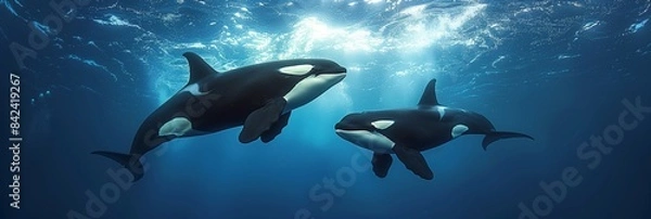 Fototapeta pod of killer whales underwater panoramic view panorama