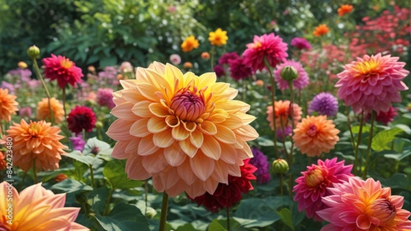 Fototapeta Summer Symphony: Harmonizing Nature's Palette with Dahlia Flowers in a Radiant Garden Setting, Generative AI