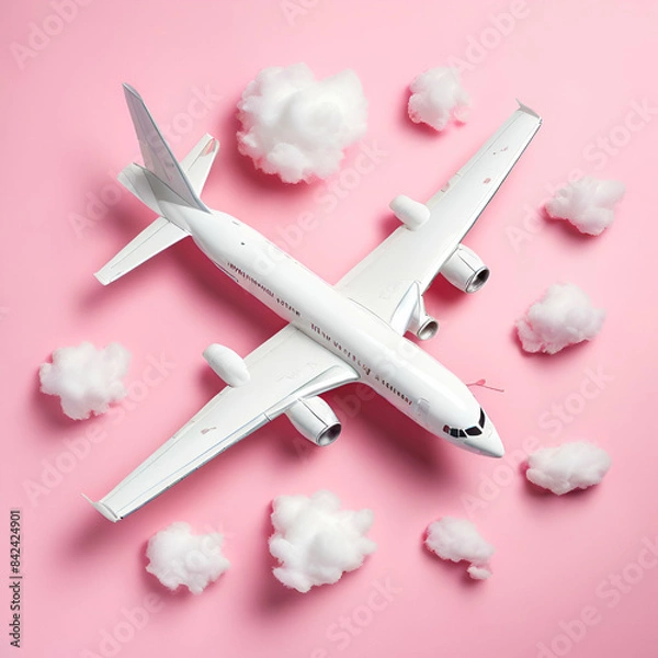 Obraz top view of white plane model on pink with clouds blue and pink background generate ai,