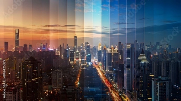 Fototapeta Conceptual image of a time-lapse cityscape showing day to night transition
