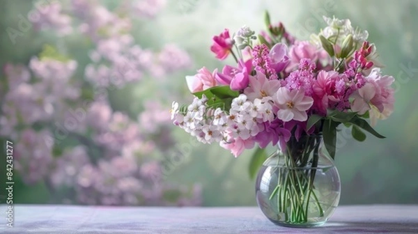 Fototapeta Arrangement of spring blooms in a clear vase