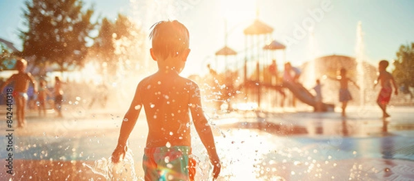 Obraz summer water activity kids playing on splash pad playground city park