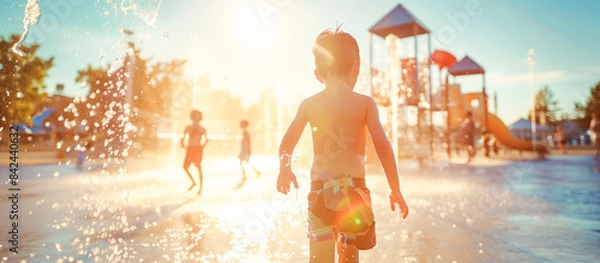 Obraz summer water activity kids playing on splash pad playground city park