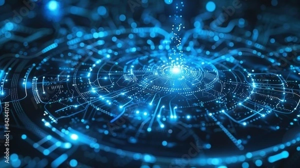 Fototapeta Glowing blue digital circuit with connected dots and lines in futuristic design