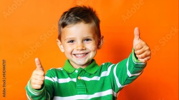 Obraz A joyful boy expresses agreement by showing a like gesture.