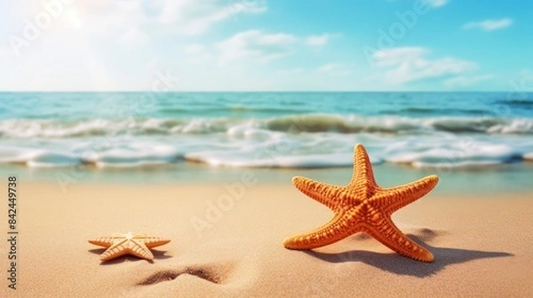 Fototapeta Starfish on the beach. Summer background with copy space for text
