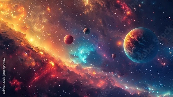 Fototapeta Illustration space universe - dream bright galaxy. Stars, planets, magic colorful world or miracle. Vivid colorful idea picture