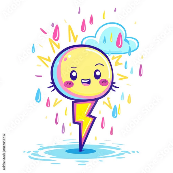 Fototapeta Cute and playful lightning bolt dancing with raindrops, cartoonish style