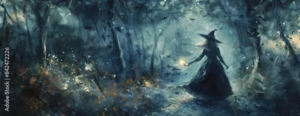 Fototapeta Anonymous Halloween witch girl in a distant shot, using witchcraft with ethereal light in her hands, surrounded by a mysterious dark forest, traditional oil painting, haunting vibe