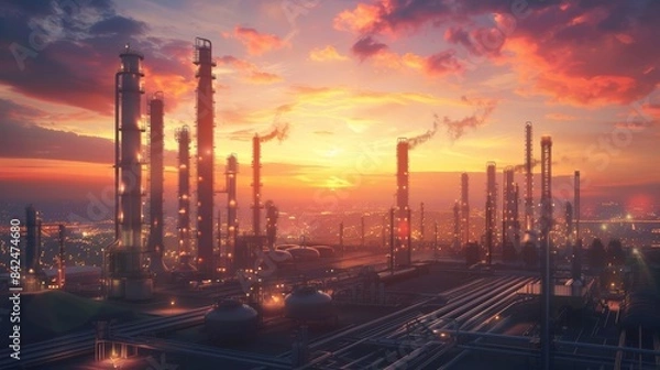 Fototapeta super realistic oil and gas power plant refinery with storage tanks facility for oil production or petrochemical factory infrastructure, wide angle view, sunset time, less vibrant 