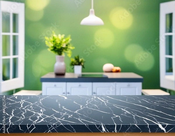 Fototapeta Modern empty dark marble table top or kitchen island on blurry bokeh kitchen room interior background. for montage product display