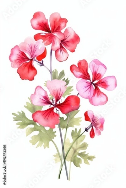 Fototapeta geranium themed frame or border for photos . with clusters of red, pink, and white blooms. watercolor illustration, white color background. 