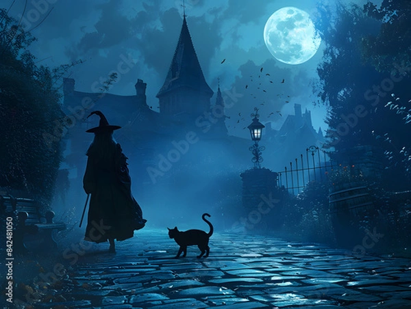 Fototapeta Witchy Encounter: Black Cat on Cobblestone Street at Night