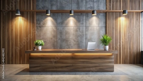 Fototapeta Modern wooden desk stands against a sleek concrete wall in a minimalist corporate reception area, illuminated by soft lighting, evoking a sense of professional sophistication.