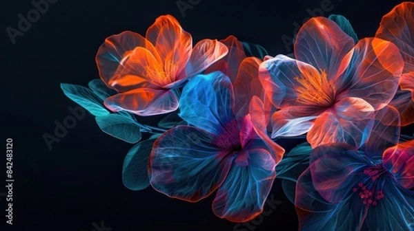 Fototapeta Flowers neon blue and red silhouettes on black background, blooming plants in style of heat map, AI generated image